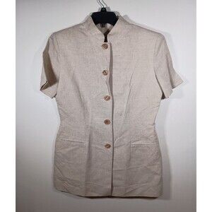 Vintage NY Sake Linen Blend Beige Short Sleeve Button Mandarin Collar Size 10